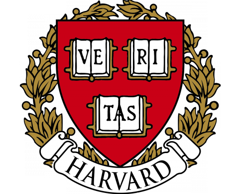Harvard University logo with red shield and gold laurel leaves on a white background