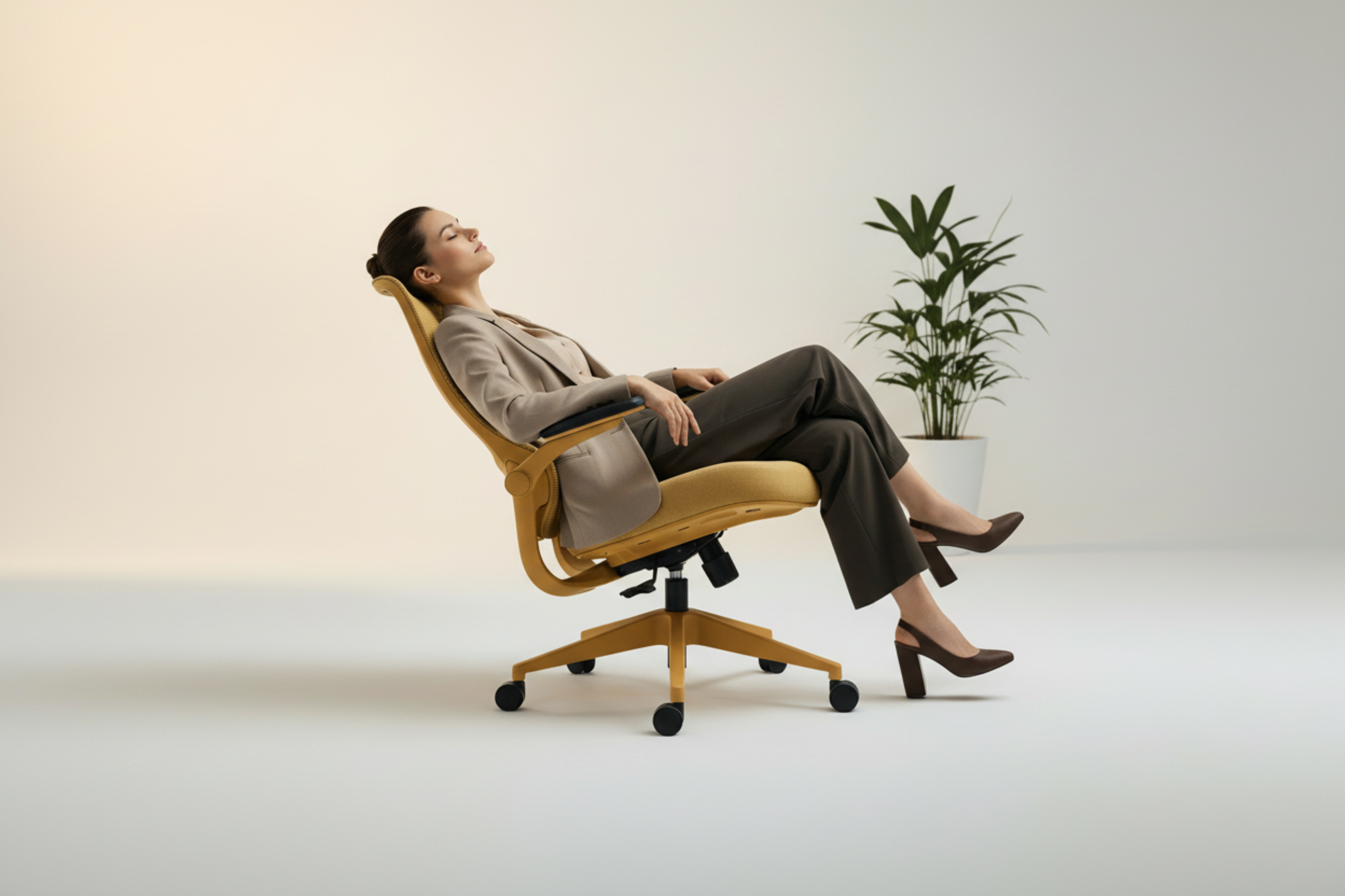 Person relaxing on a modern office chair in a minimalistic room with a plant.