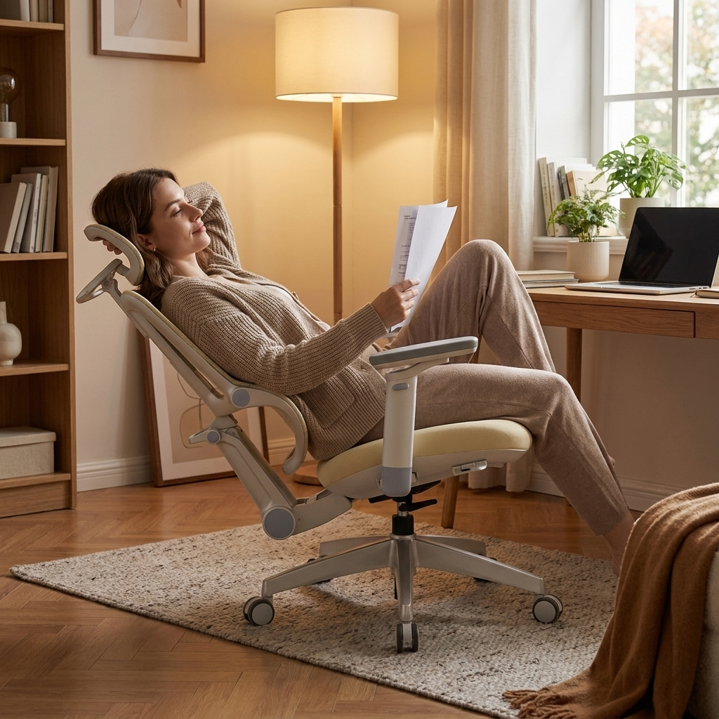 a woman leaning back reading documents with her head resting on the headrest, cozy home office with hardwood floors and warm evening lamp light