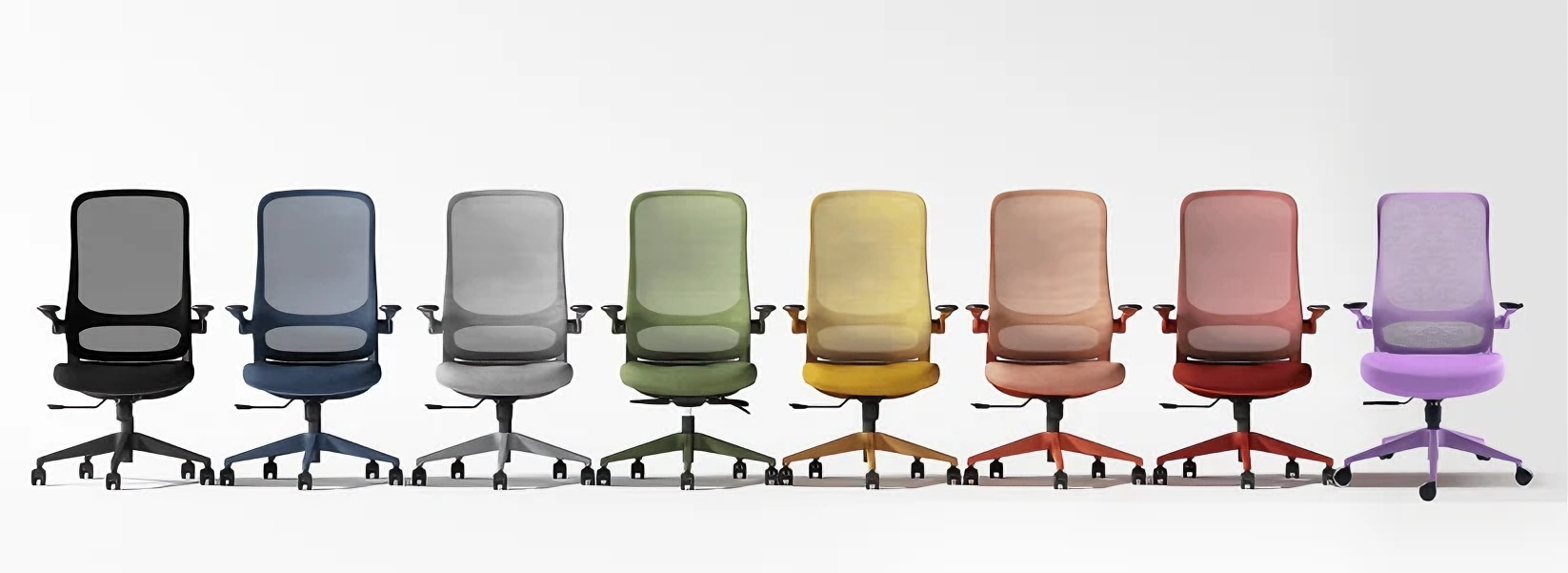Row of colorful office chairs on a white background