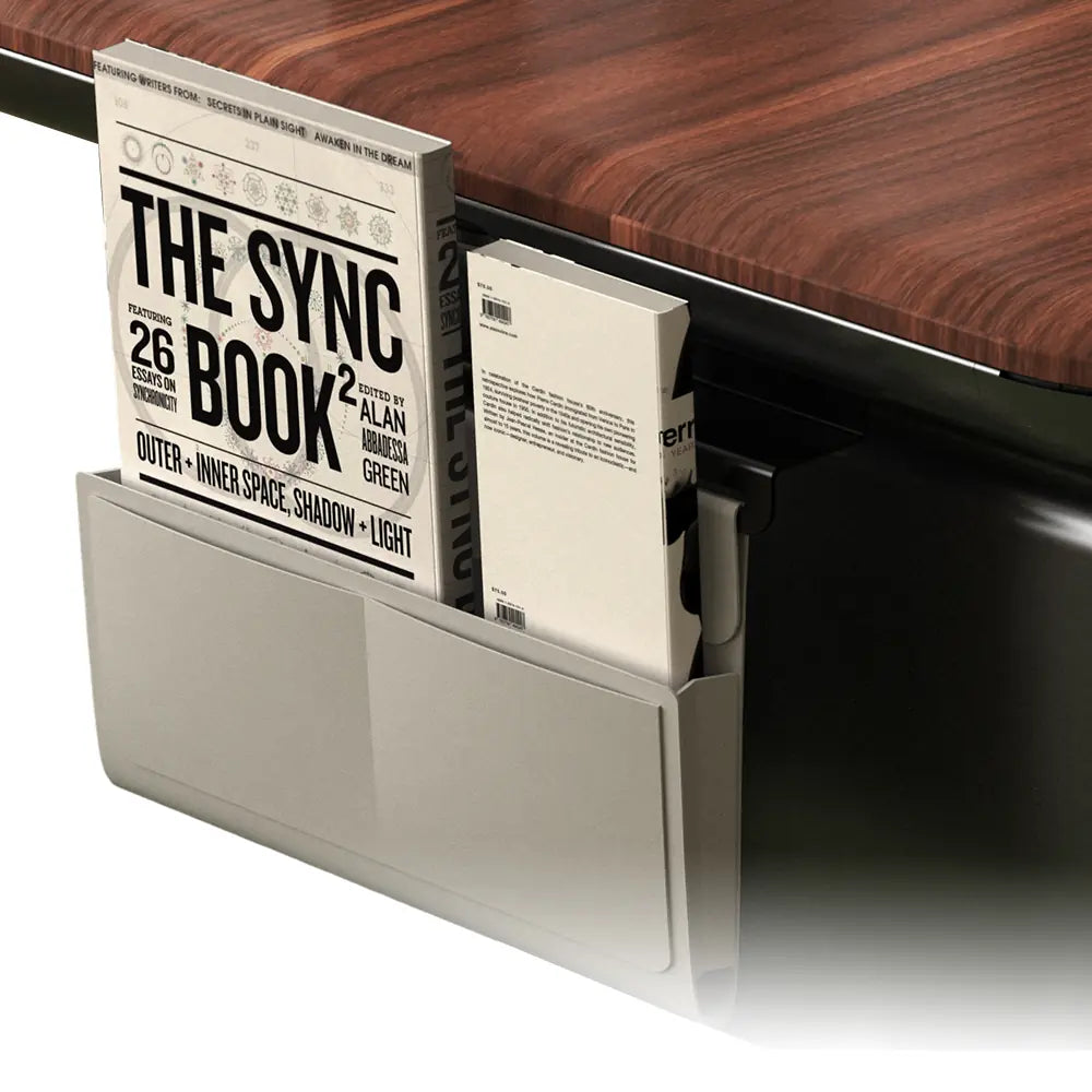 Close up of the Sunaofe desk book holder accessory with books inside, showing a modern office design.
