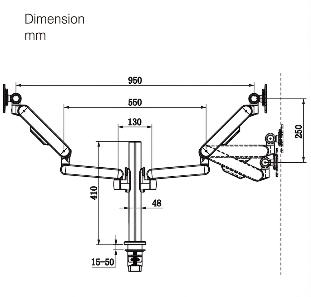 Dimensions of the Sunaofe dual monitor arm, showing measurements for installation and adjustability.