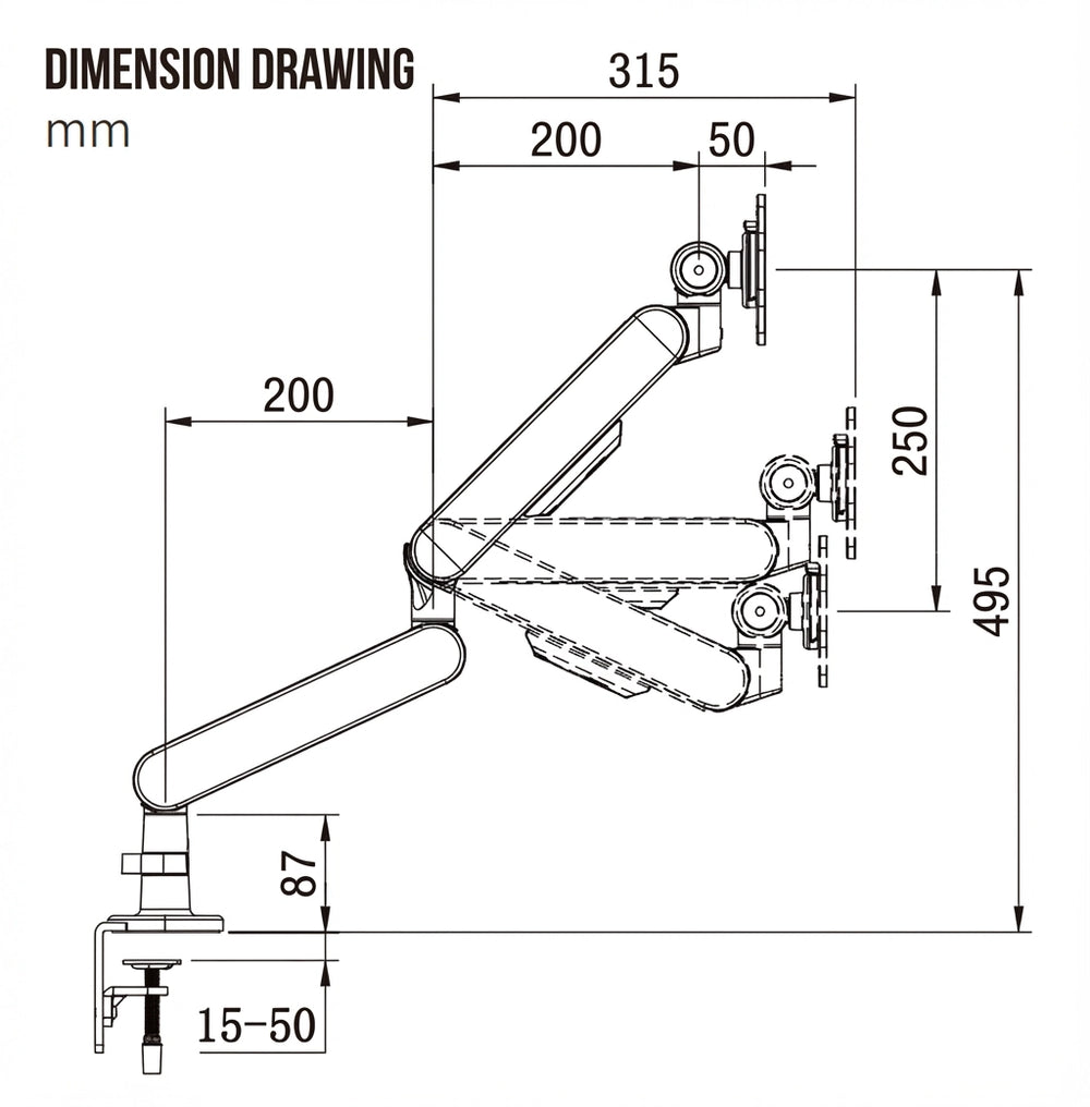 Dimension drawing of a Sunaofe dual monitor arm showing measurements.