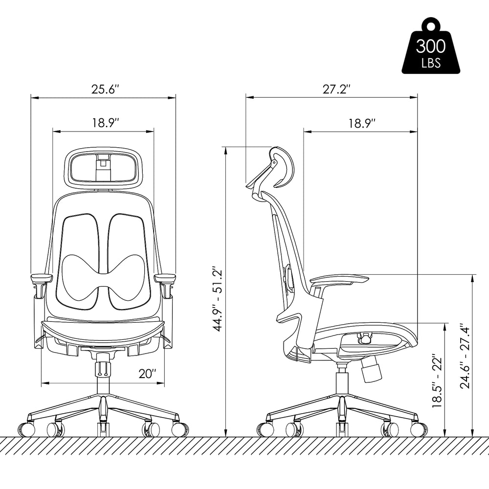 Dimensions of a Sunaofe ergonomic office chair, showing height, width, and depth measurements.