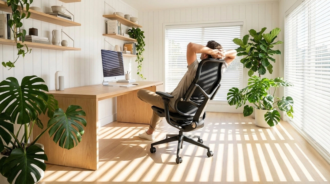 Man relaxing in a Sunaofe ergonomic chair in a bright, plant-filled modern workspace.