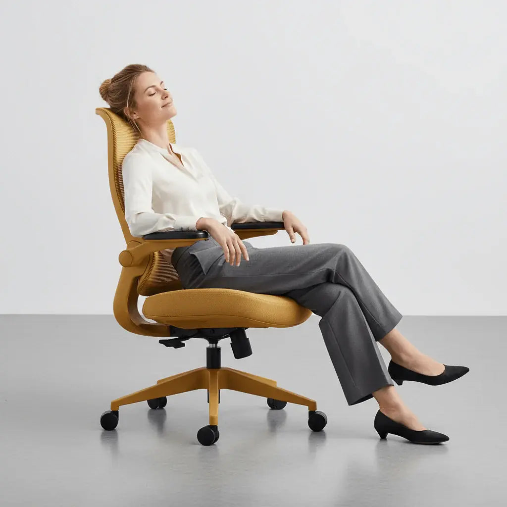 Woman relaxing in a yellow Sunaofe ergonomic office chair, promoting comfort and well-being.