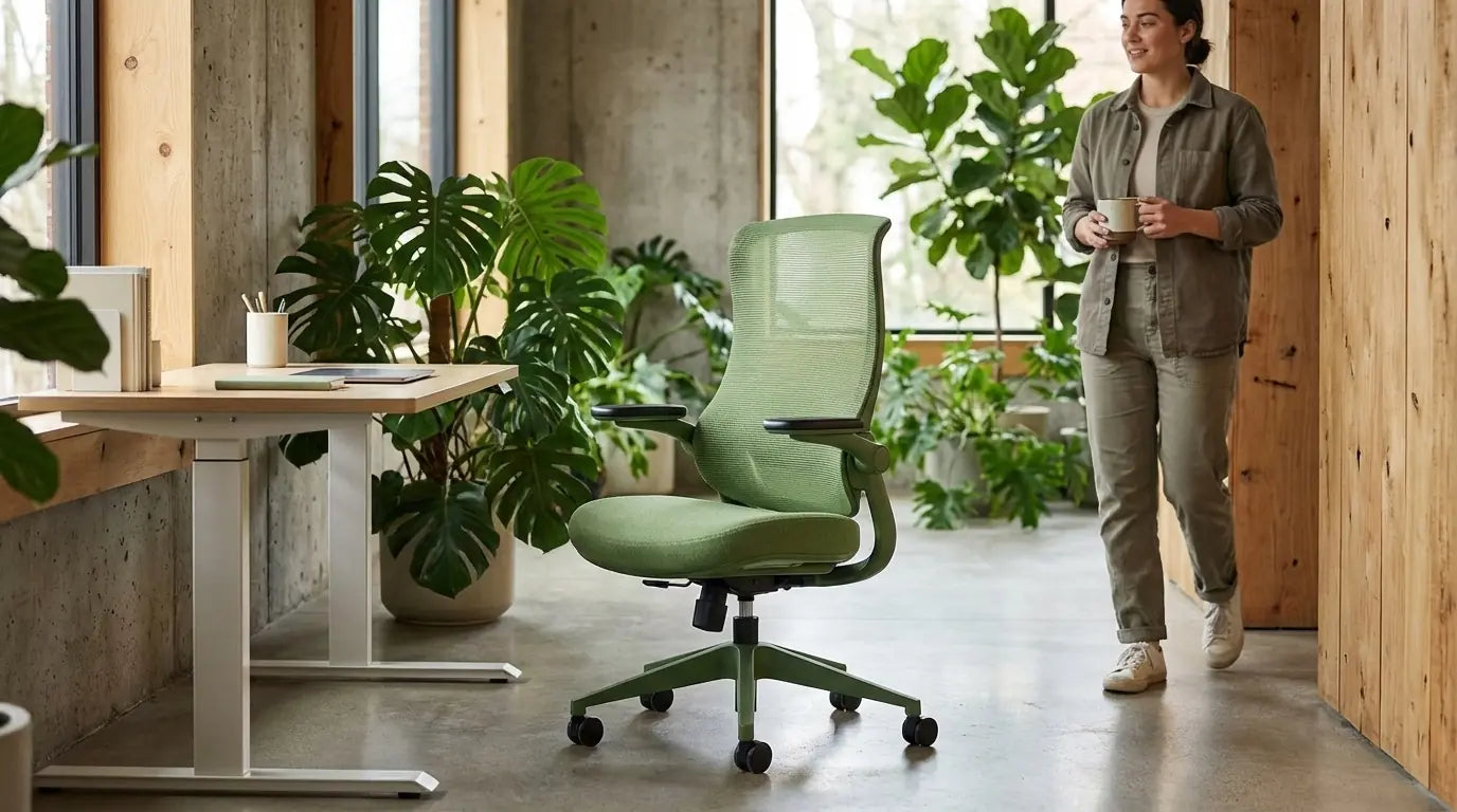 A green Sunaofe ergonomic office chair is featured in a bright, plant-filled modern office.