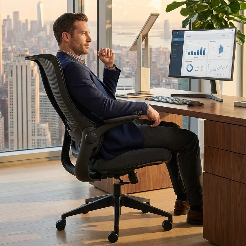 A man sits in a Sunaofe ergonomic office chair with a city view, working at his desk.