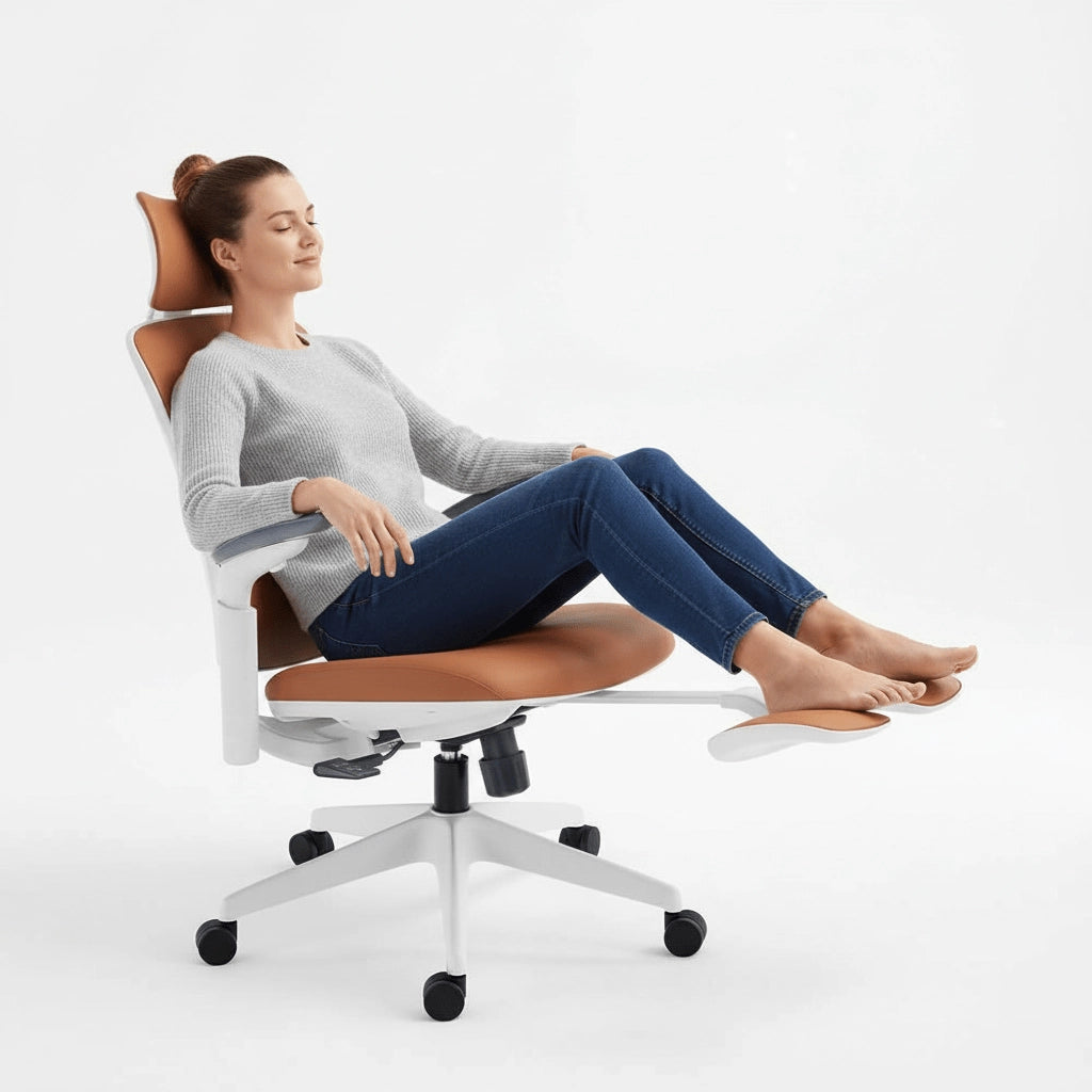Woman relaxing in a Sunaofe ergonomic office chair with reclining feature and footrest.