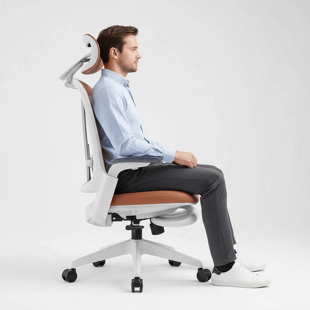 Side view of a man sitting in a Sunaofe ergonomic office chair, showing its adjustable features.