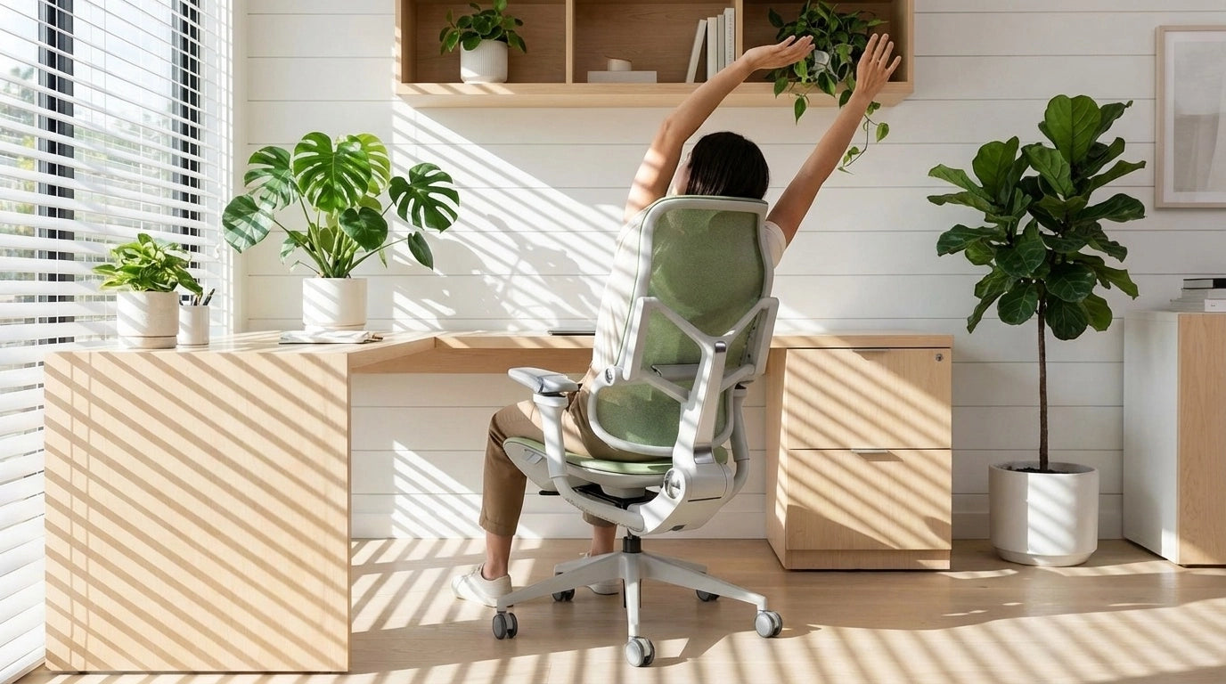 A woman stretches in a Sunaofe ergonomic office chair in a bright, modern office space.