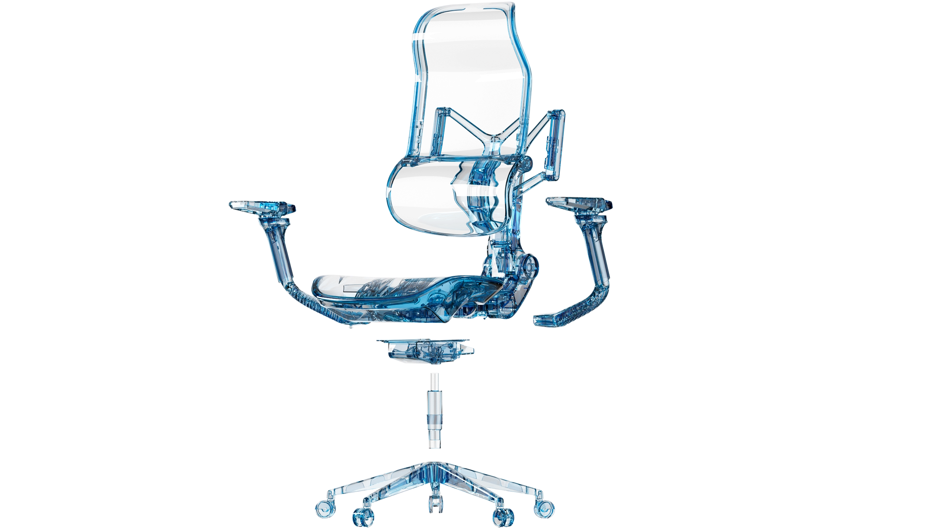 A transparent blue x-ray view of a Sunaofe ergonomic office chair showcasing its advanced structural design.