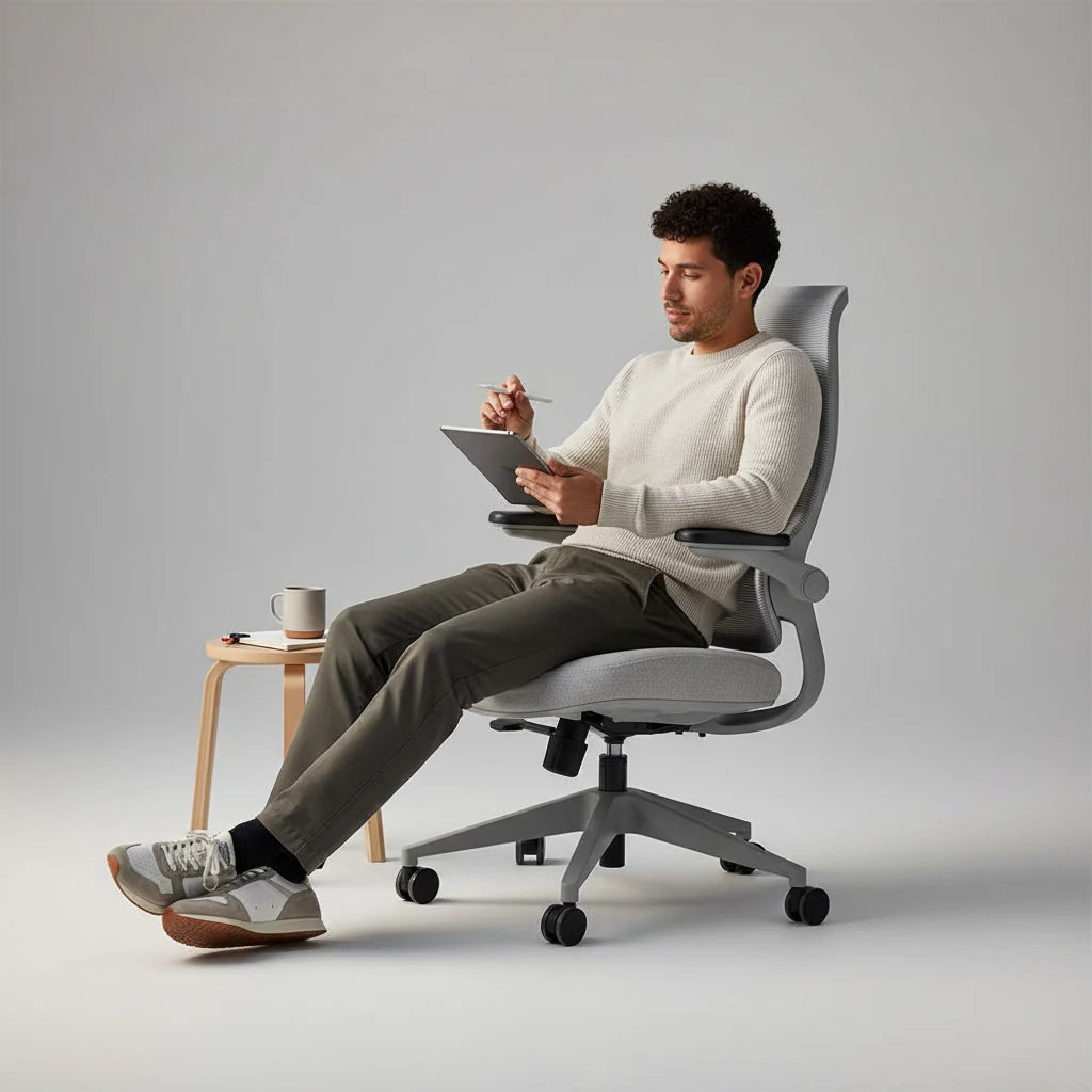 A man uses a tablet while sitting in a Sunaofe ergonomic office chair, promoting comfort and productivity.
