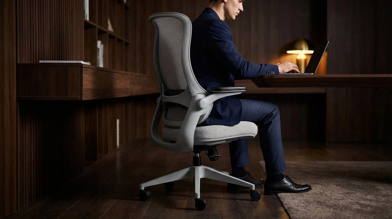 A man sits in a Sunaofe ergonomic office chair, working on a laptop in a modern workspace.
