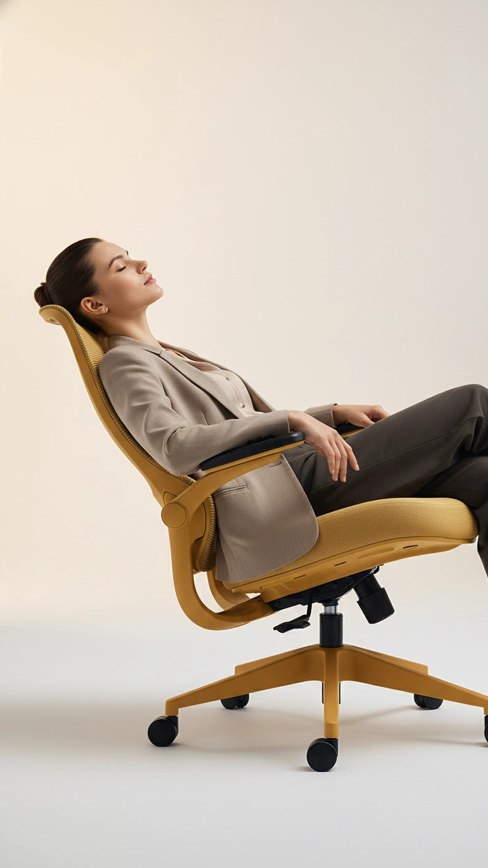 Woman relaxing in a yellow ergonomic Sunaofe office chair, promoting comfort and well-being.