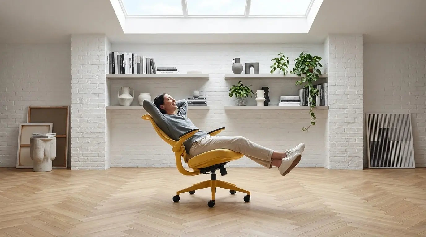 A person relaxes in a yellow Sunaofe ergonomic office chair in a bright, modern room.