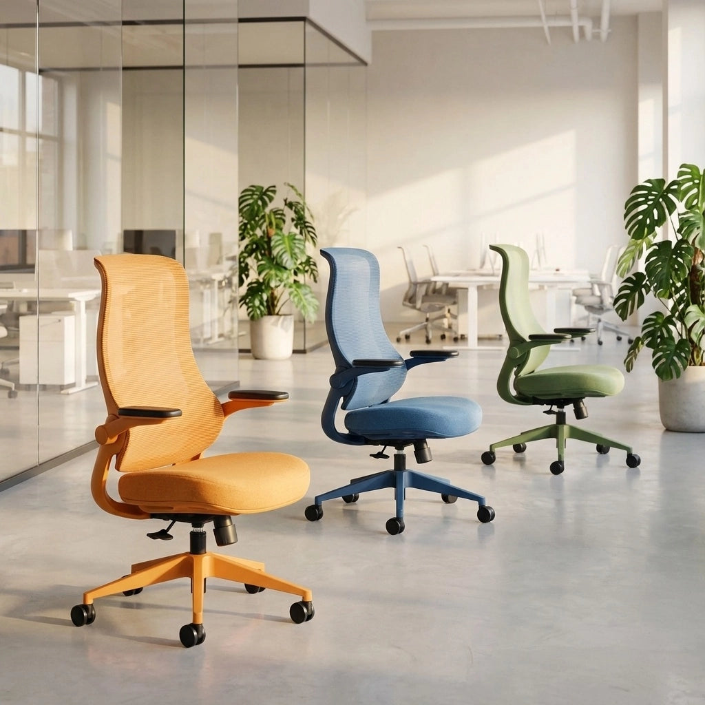 Colorful Sunaofe ergonomic office chairs in orange, blue, and green in a modern workspace.