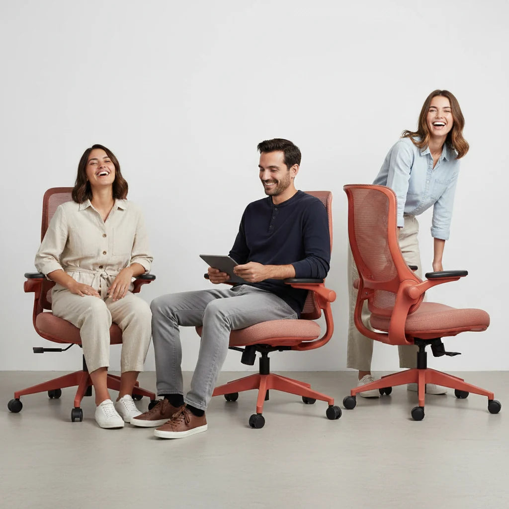 Three people enjoying Sunaofe ergonomic office chairs in a bright, modern workspace.