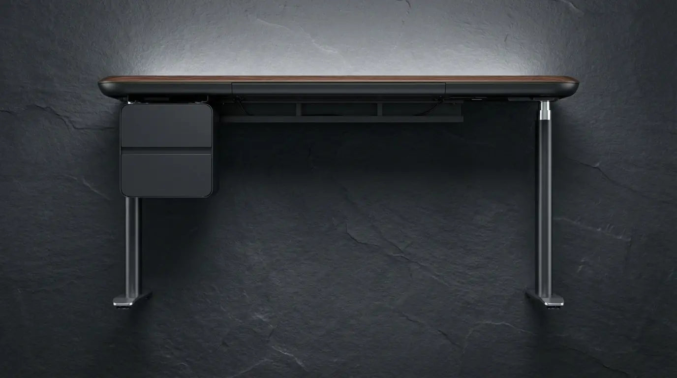 Sunaofe height adjustable desk in black, showcasing a modern design against a dark background.