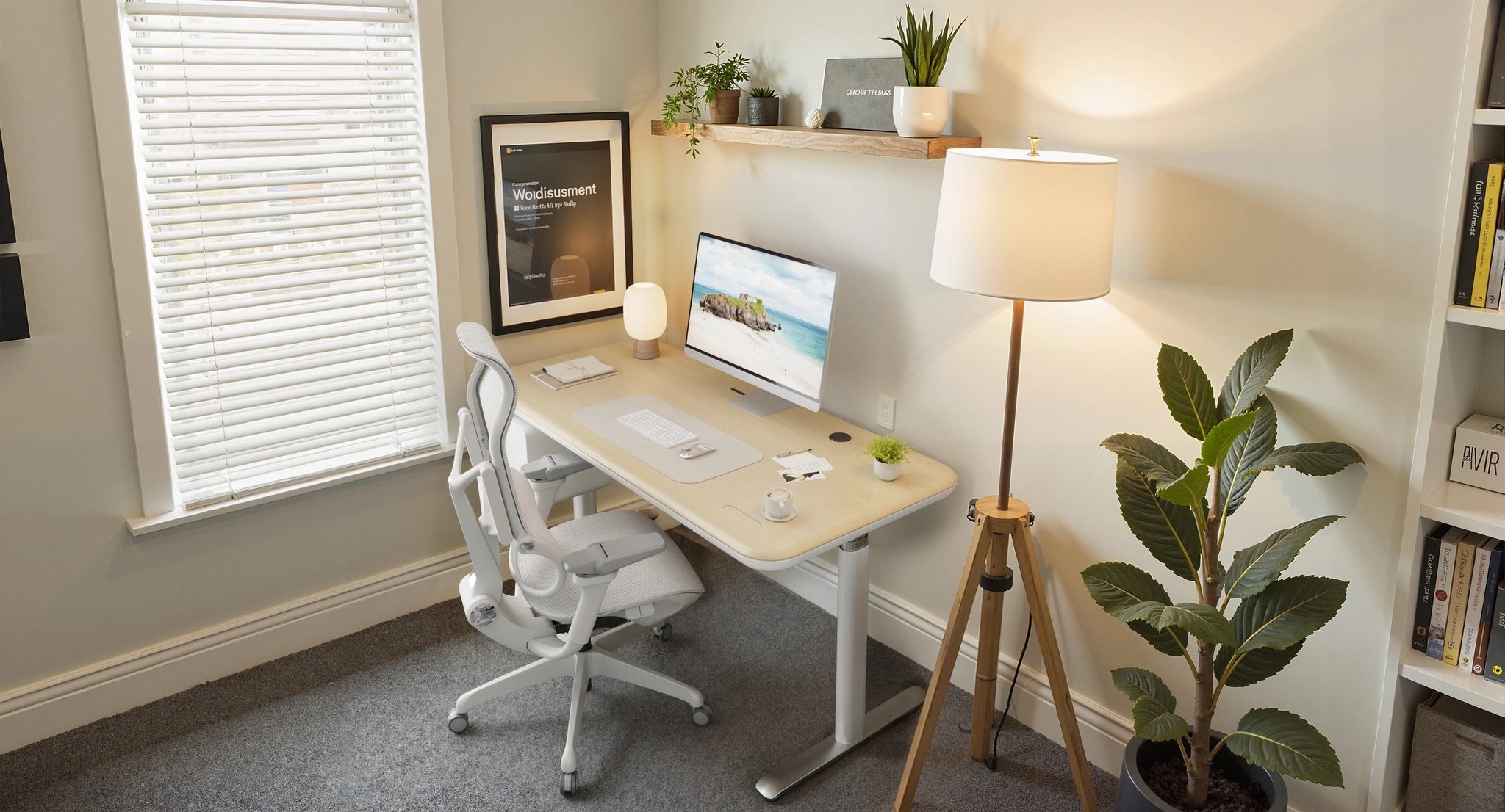 Sunaofe height-adjustable standing desk and ergonomic white mesh chair in a bright, modern home office setting.