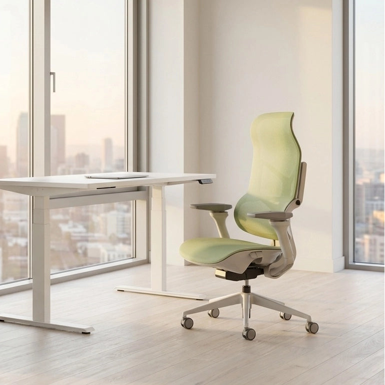 A Sunaofe height adjustable desk and ergonomic chair create a modern, healthy workspace.