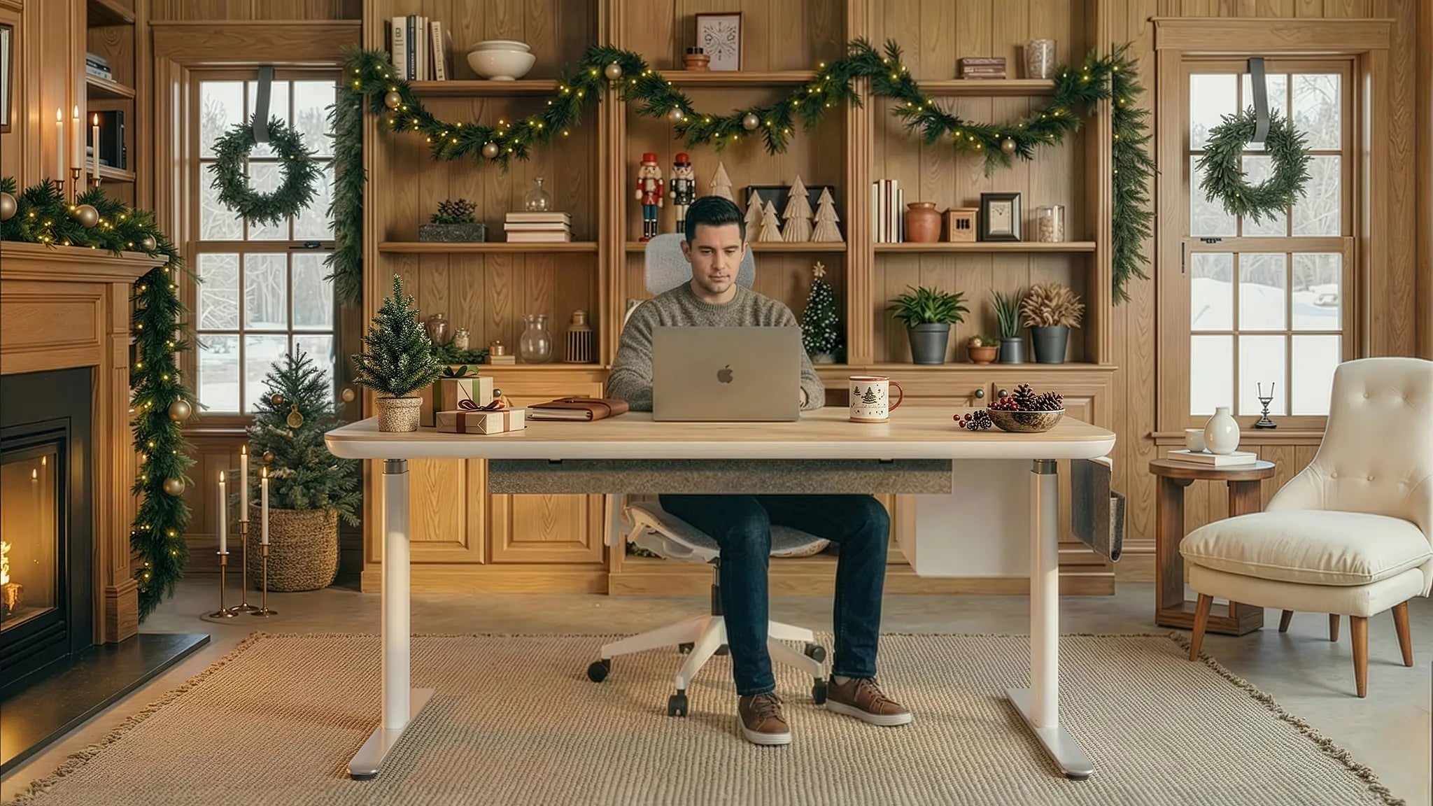 A Sunaofe height adjustable desk is shown with holiday decorations in a cozy home office.