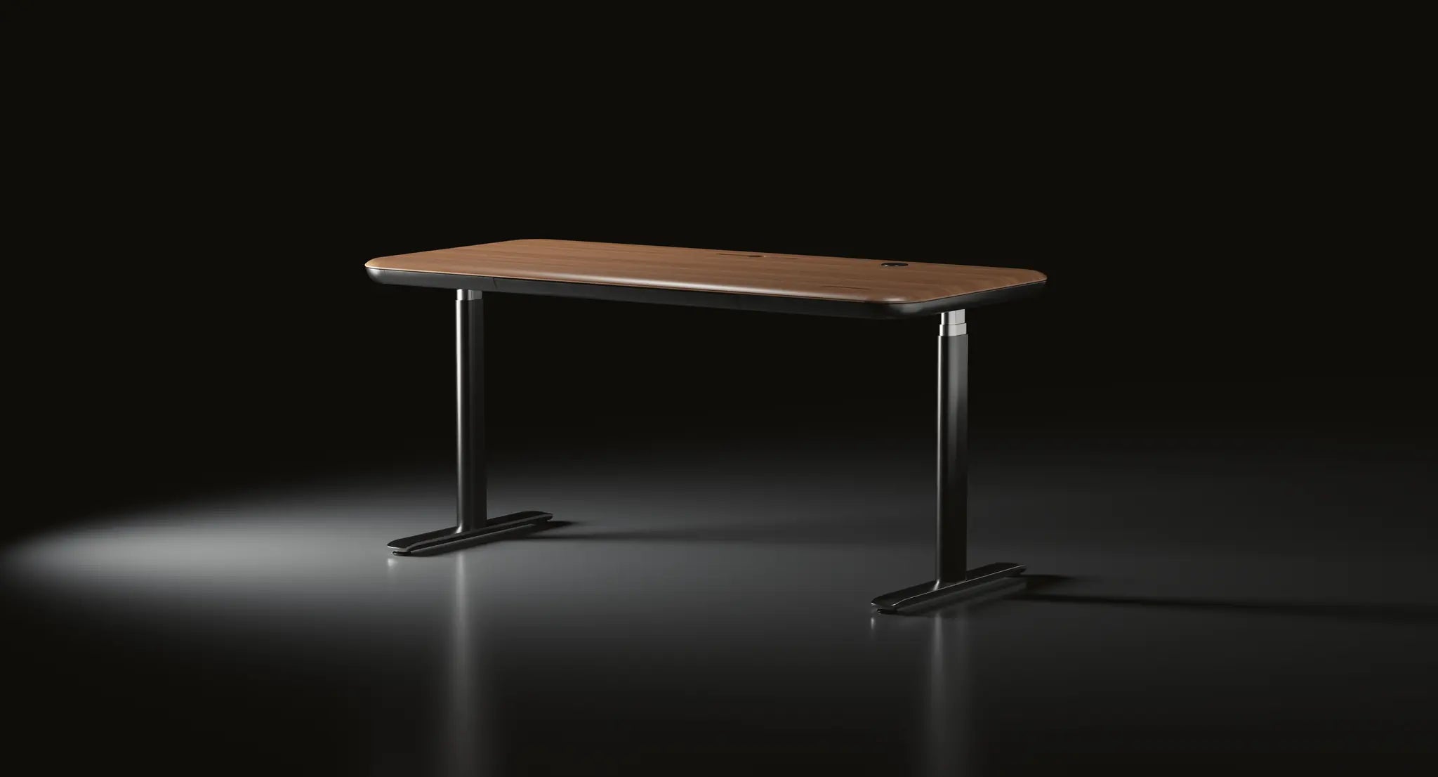 A Sunaofe height-adjustable desk with a walnut top, shown against a dark background.