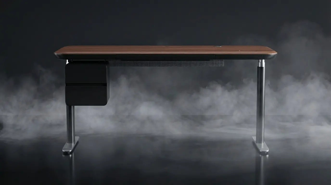 Sunaofe height adjustable desk with walnut top and black drawers in a studio setting.