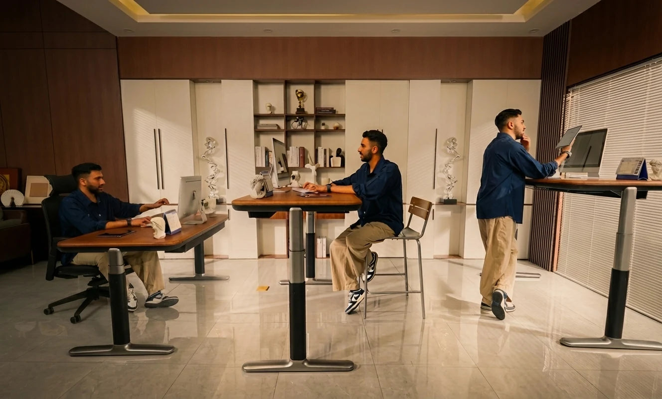 A man working at Sunaofe height adjustable desks in a modern office.