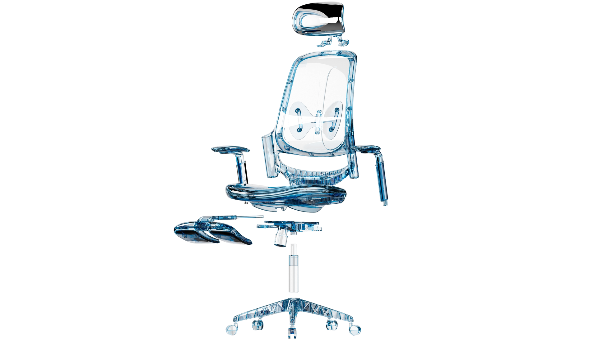 Sunaofe innovative ergonomic office chair with a transparent blue design and adjustable headrest.