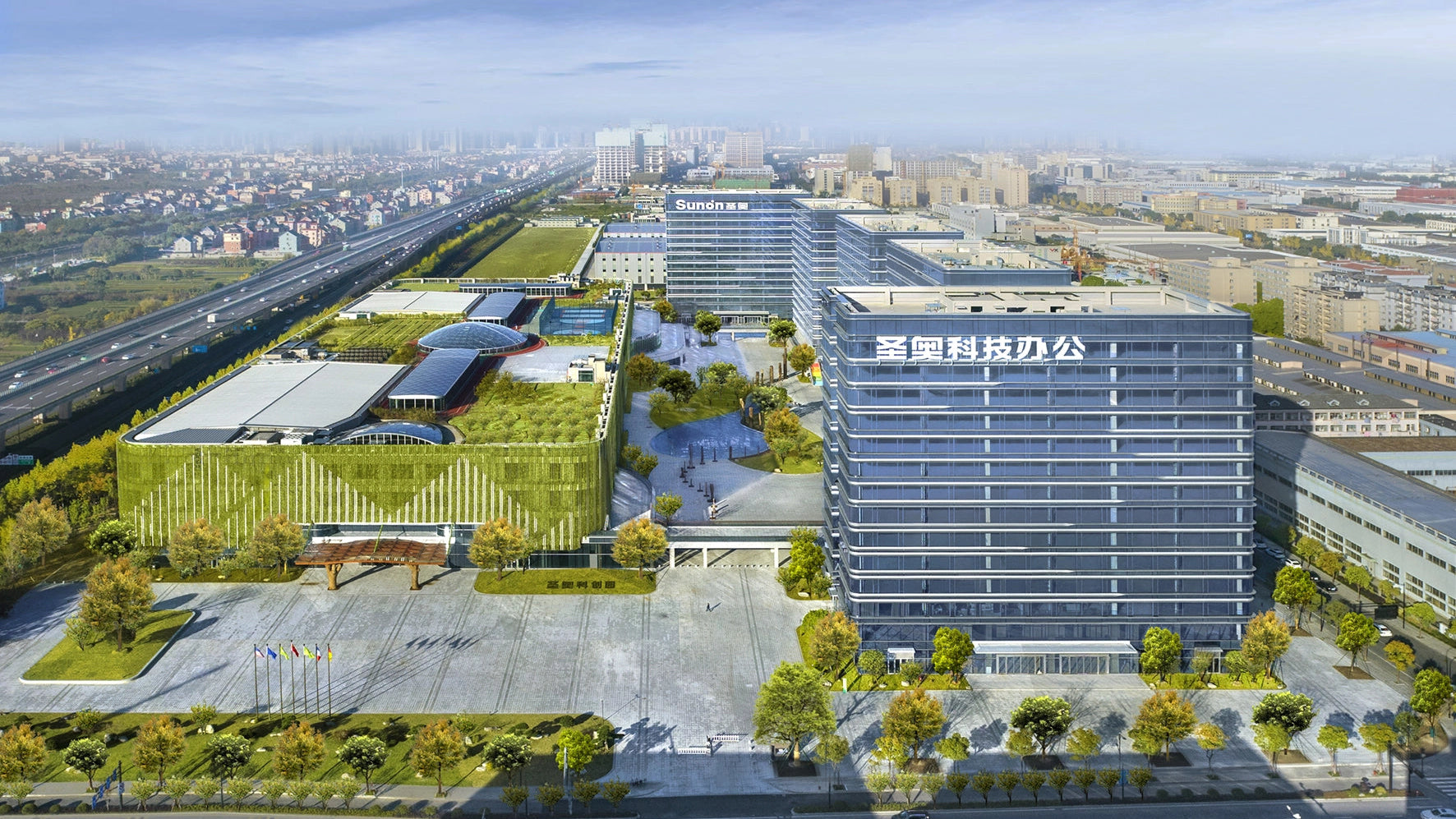Exterior view of the Sunaofe office building showcasing its modern design and green facade.