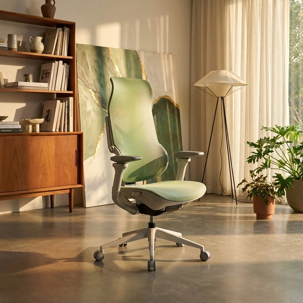 Sunaofe sustainable office chair in green color, showcased in a modern, sunlit office space.