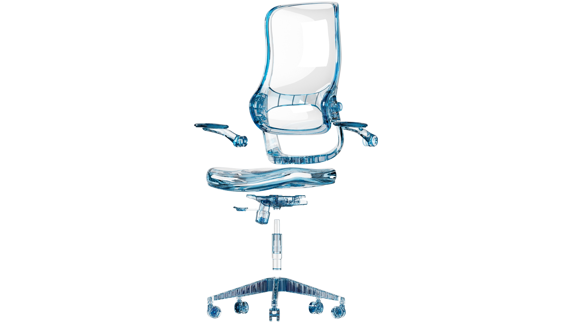 Innovative Sunaofe transparent ergonomic office chair showing a sleek 3D rendered design for modern workspaces.