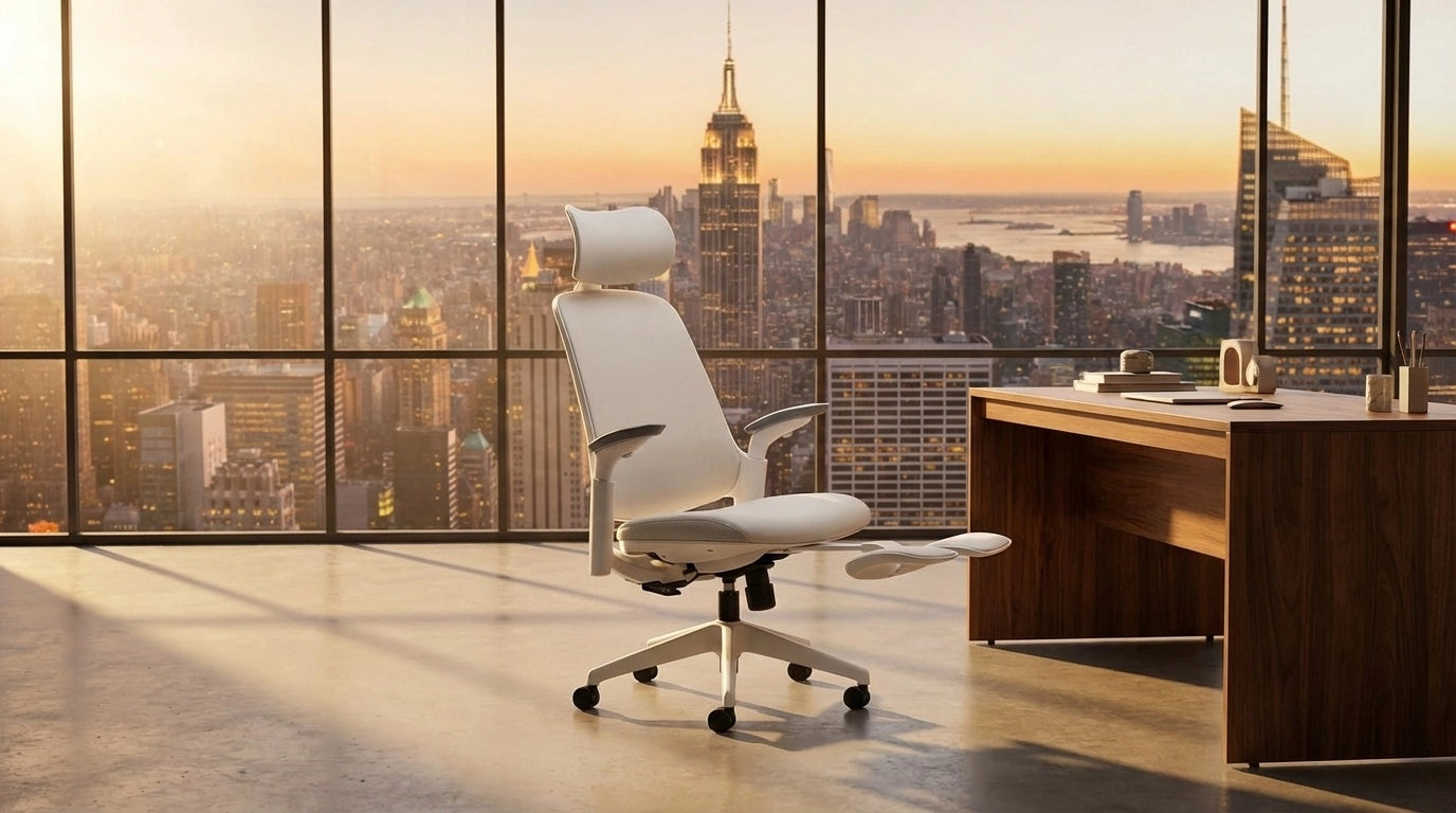 A white Sunaofe ergonomic office chair with a footrest in a modern office overlooking a city skyline at sunset.
