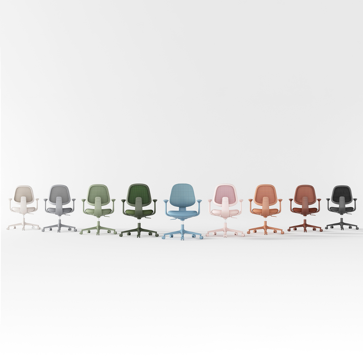 A row of ten modern office chairs in assorted colors, including white, gray, sage green, olive green, light blue, blush pink, terracotta, rust brown, and charcoal, arranged on a seamless light gray background.