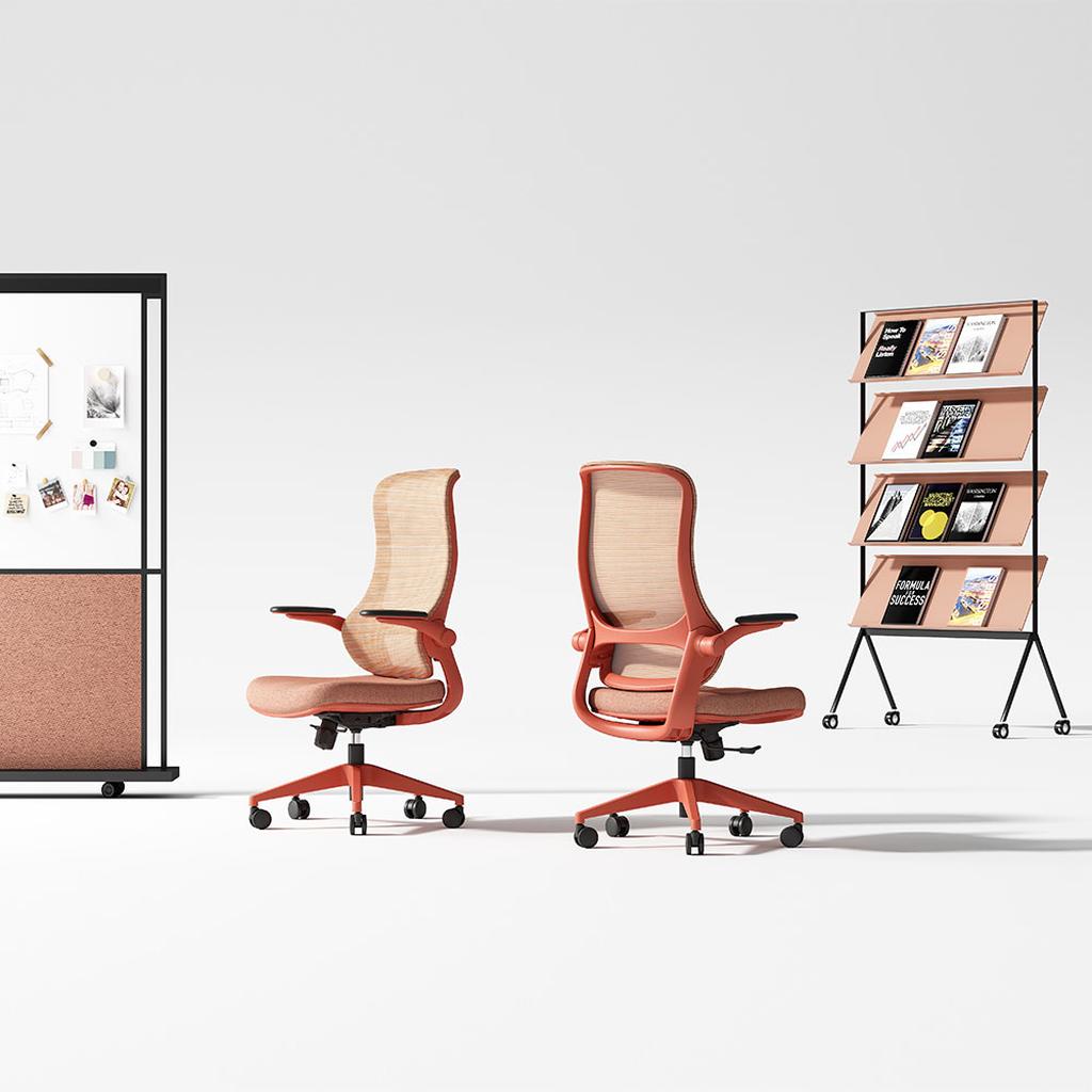 orange ergonomic office chair with lumbar support in workspace