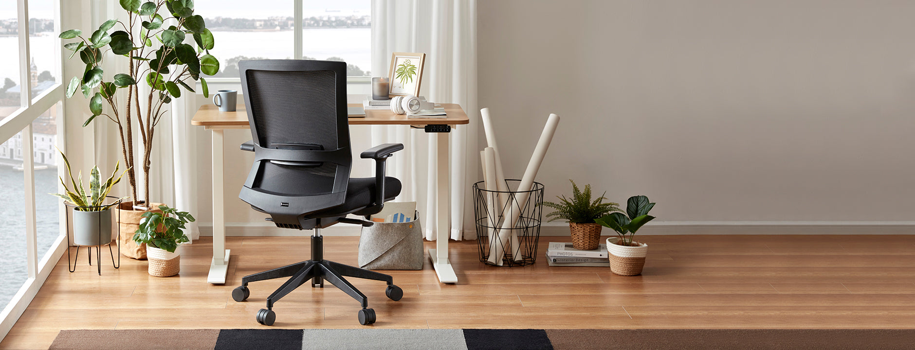 Create a warm home office with electric standing desk and an elegant ergonomic chair  with Sunaofe