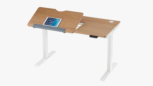 Sunaofe White Smart Adjustable Desk Front View Sunaofe Oak Adjustable Desk Angled View