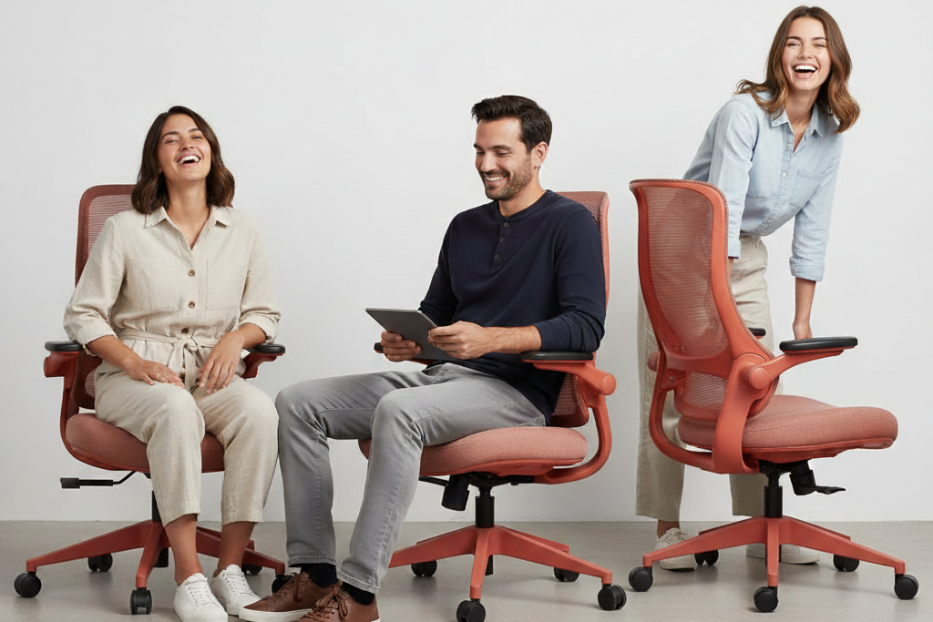 Three people sitting on office chairs in a minimalistic setting