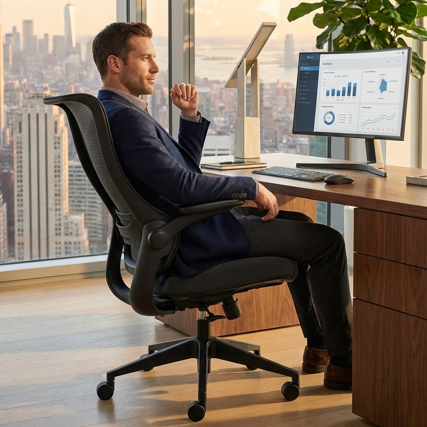 Man sitting at a desk in an office with a cityscape view, using a computer.
