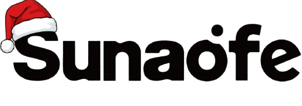 Sunaofe logo with a Santa hat on a black background