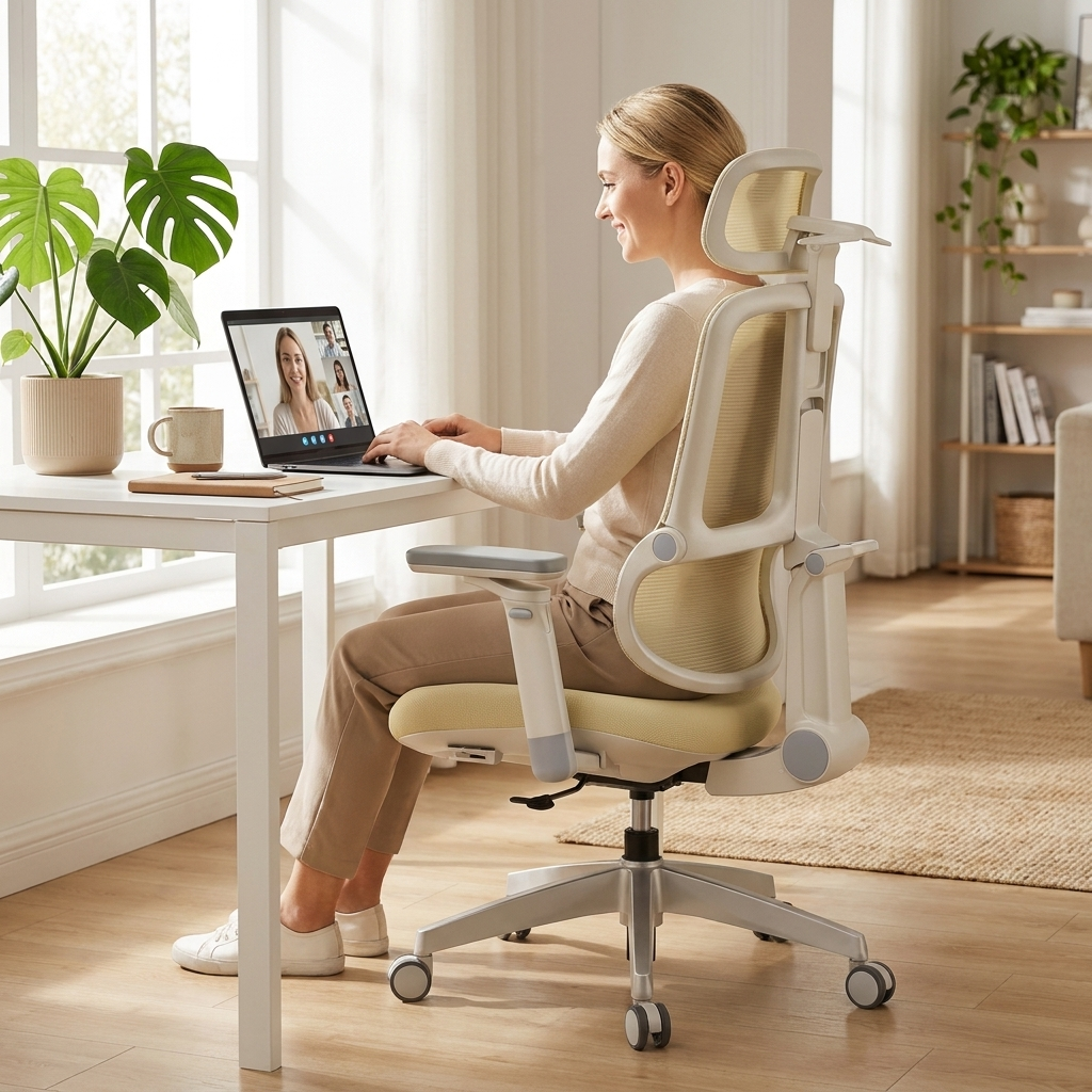 a woman on a video call at a white desk in a sunlit Scandinavian-style living room with houseplants