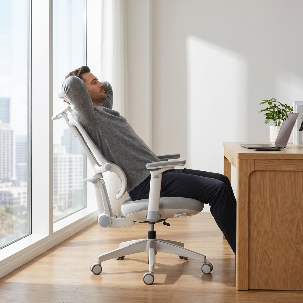 a man stretching back after a long work session, the backrest visibly supporting him, minimalist white home office with a big window and city view