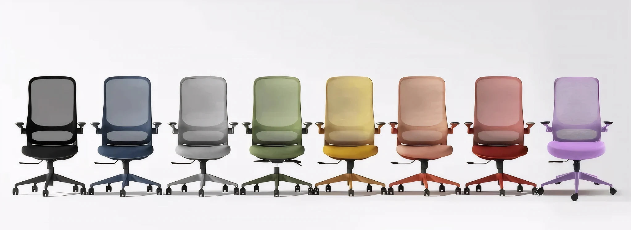 A row of colorful Sunaofe ergonomic office chairs in various colors.