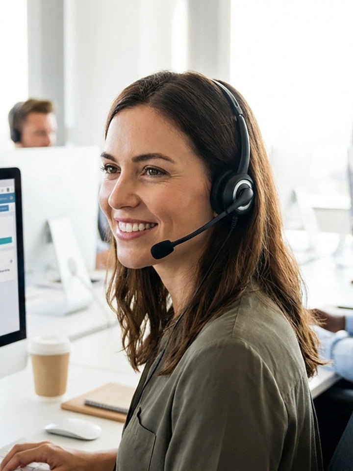A smiling Sunaofe customer service representative wearing a headset in a bright office.