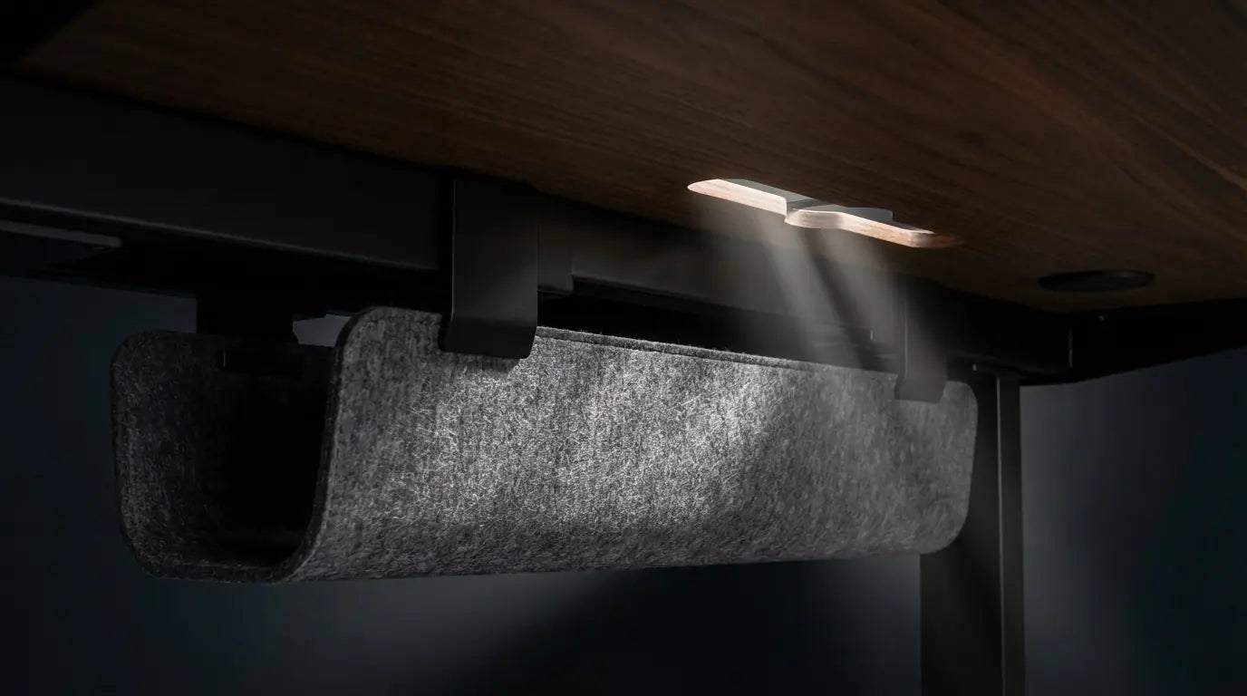 Sunaofe desk with a gray cable management tray attached underneath, keeping the workspace tidy.