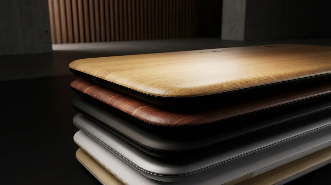 Close-up of Sunaofe desk tops stacked showing different wood and finish options.