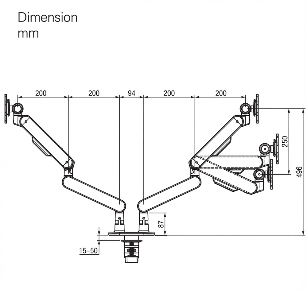 Dimensions of a Sunaofe dual monitor arm, showcasing adjustability and ergonomic design.