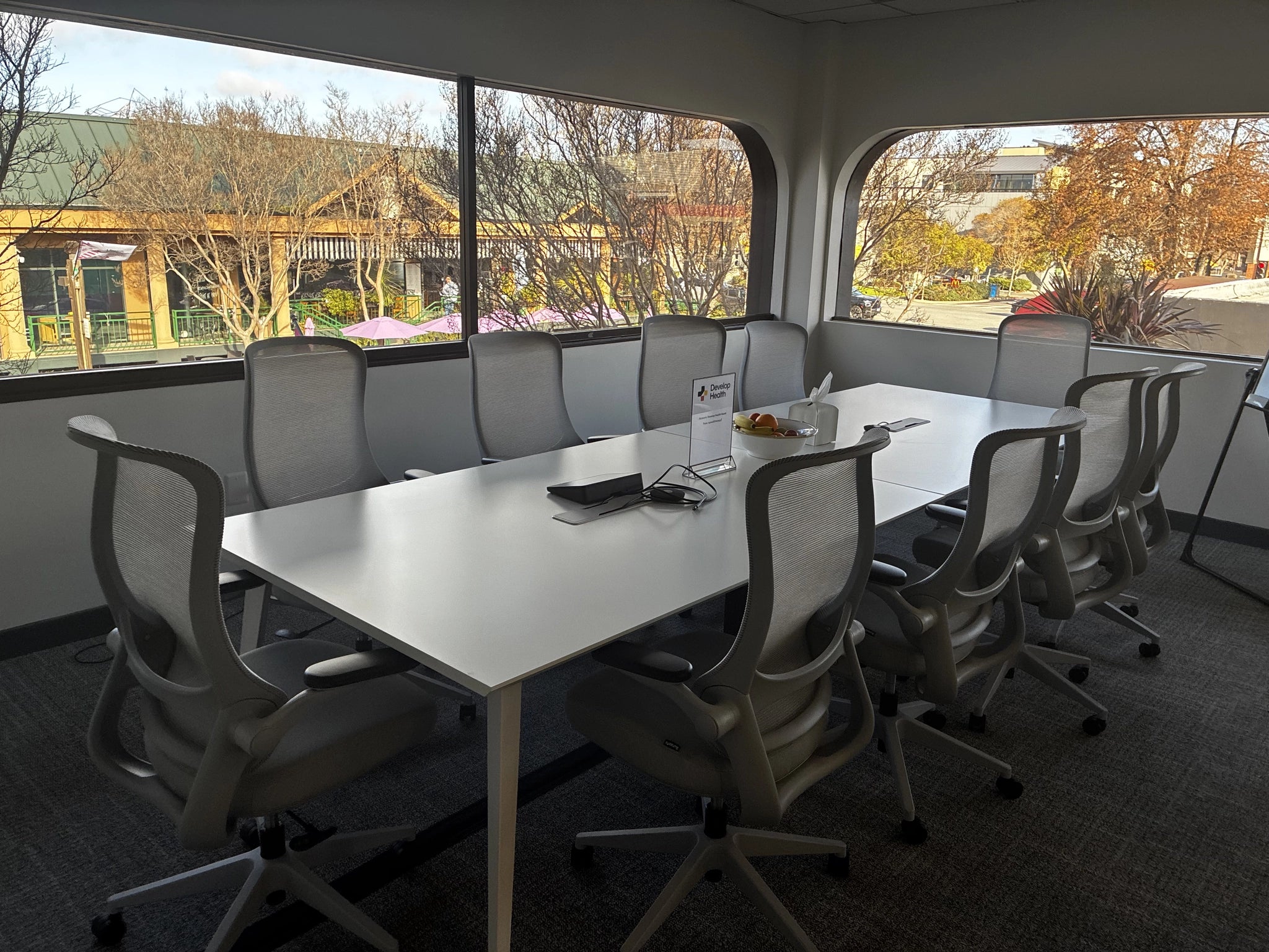 Sunaofe ergonomic mesh chairs surround a white conference table in a modern office with large windows.
