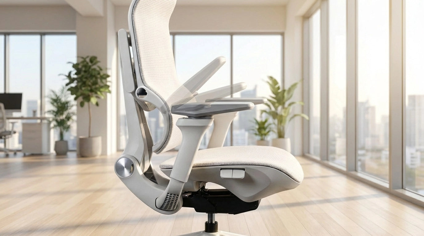 Close up of a Sunaofe ergonomic office chair with adjustable arms in a bright modern office.